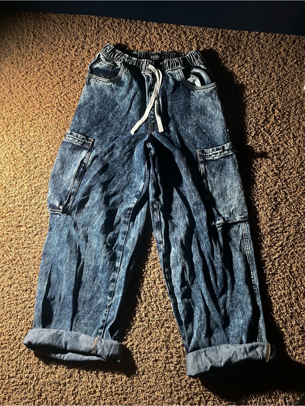 Boohoo Men's Distressed Blue Cargo Jeans with Drawstring
